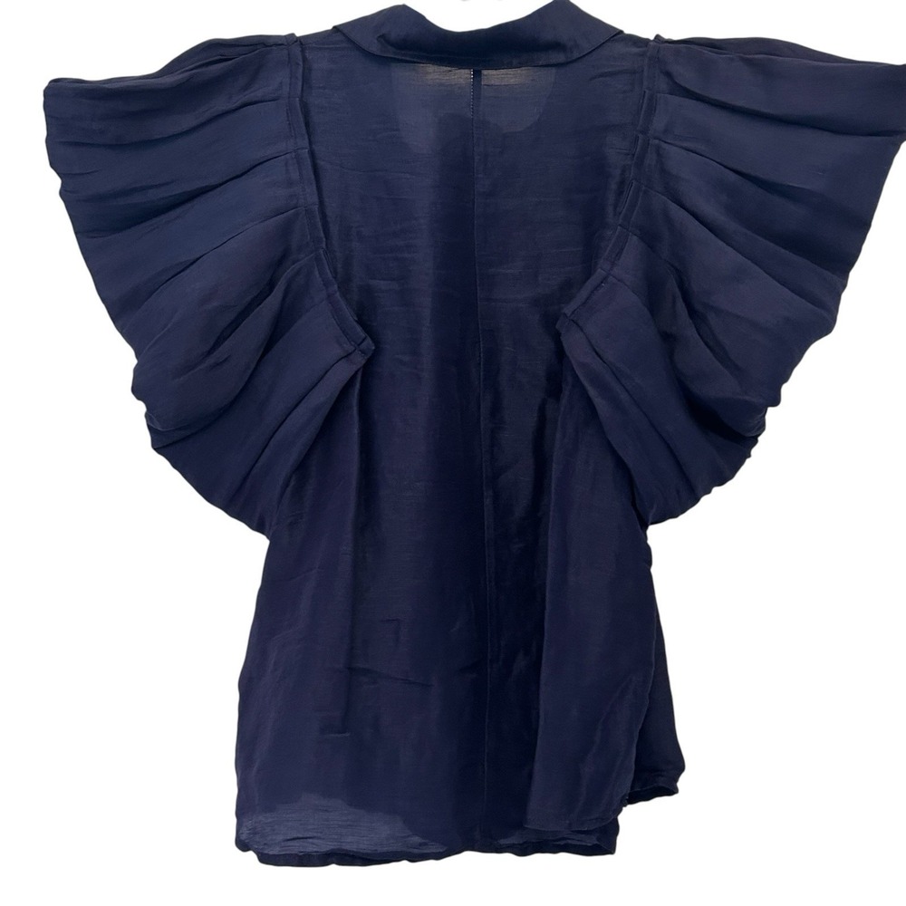 Aureta Studio Stella Blouse S Navy Blue Linen Silk Puff Sleeves Top Luxury Drama - Picture 3 of 13